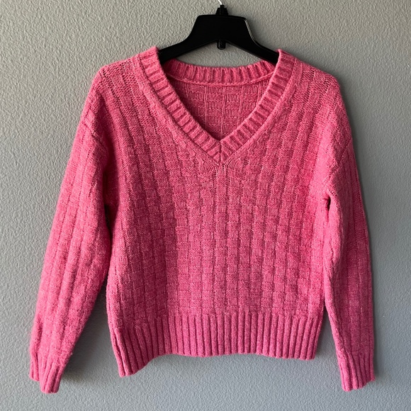 Pink V-Neck Crop Sweater - Picture 1 of 9